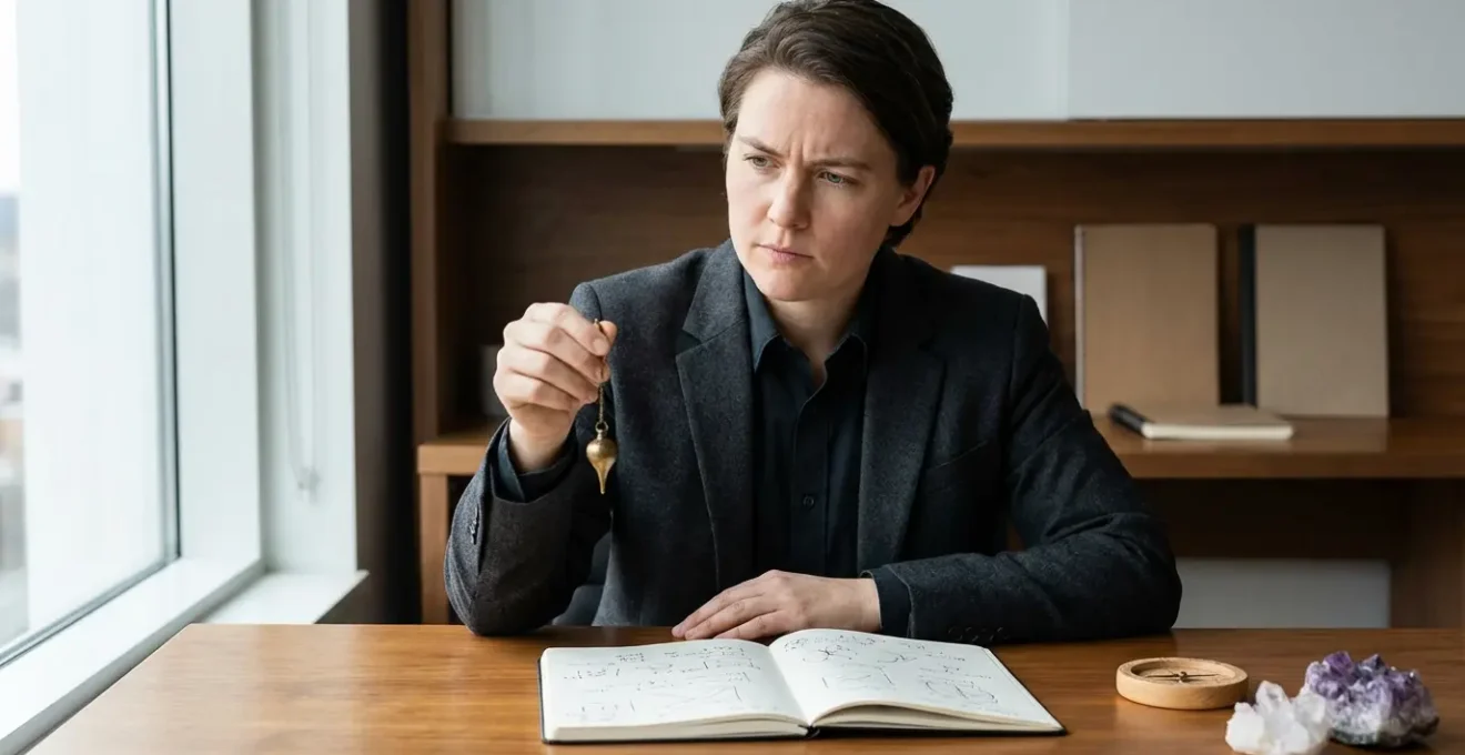 Persona concentrata che utilizza un pendolo di radiestesia per prendere una decisione lavorativa