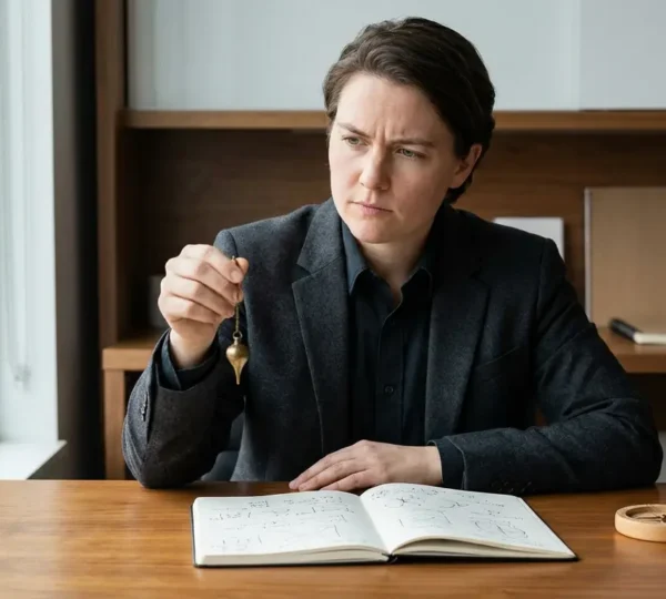 Persona concentrata che utilizza un pendolo di radiestesia per prendere una decisione lavorativa