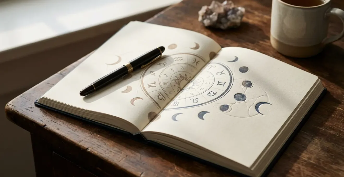 Agenda aperta con simboli zodiacali e fasi lunari per organizzare il mese
