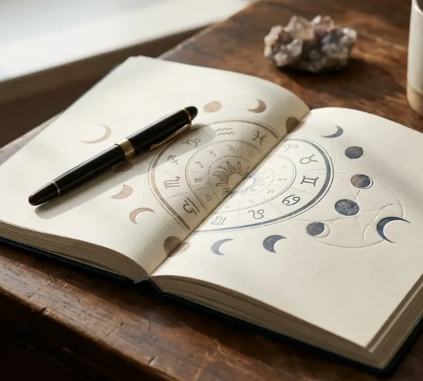 Agenda aperta con simboli zodiacali e fasi lunari per organizzare il mese