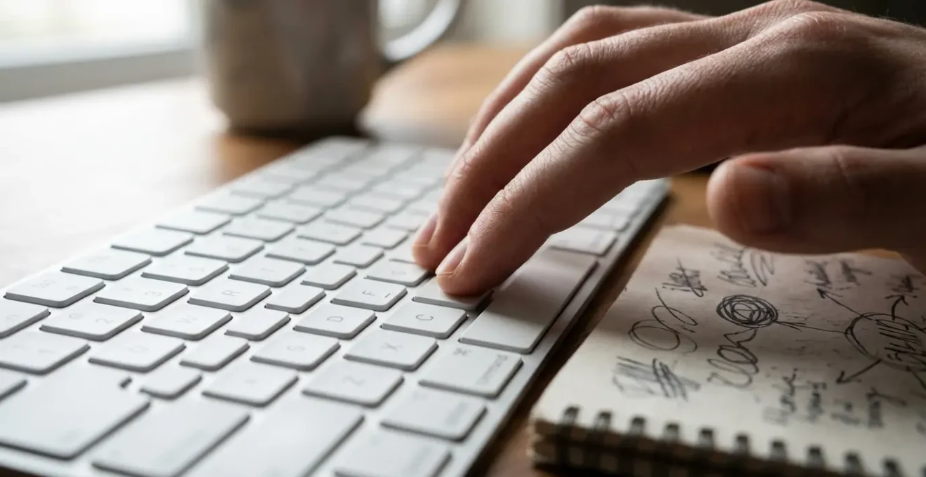 Mani che digitano su tastiera con blocco note accanto per organizzare pensieri
