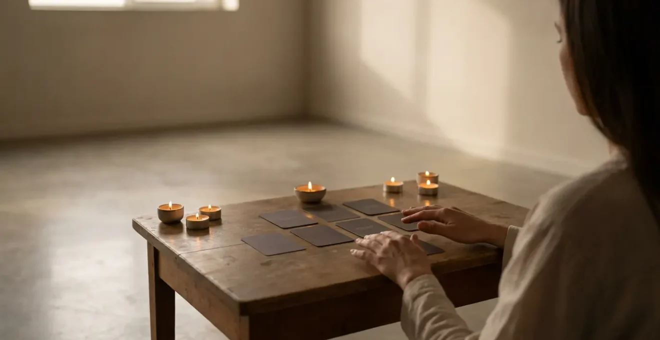 Rituale di purificazione mentale per carte dei tarocchi, con mani che meditano sopra il mazzo in un ambiente sereno.