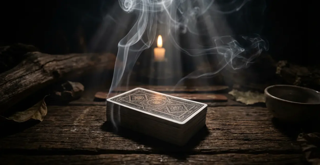Carte di tarocchi circondate da fumo di incenso in atmosfera rituale