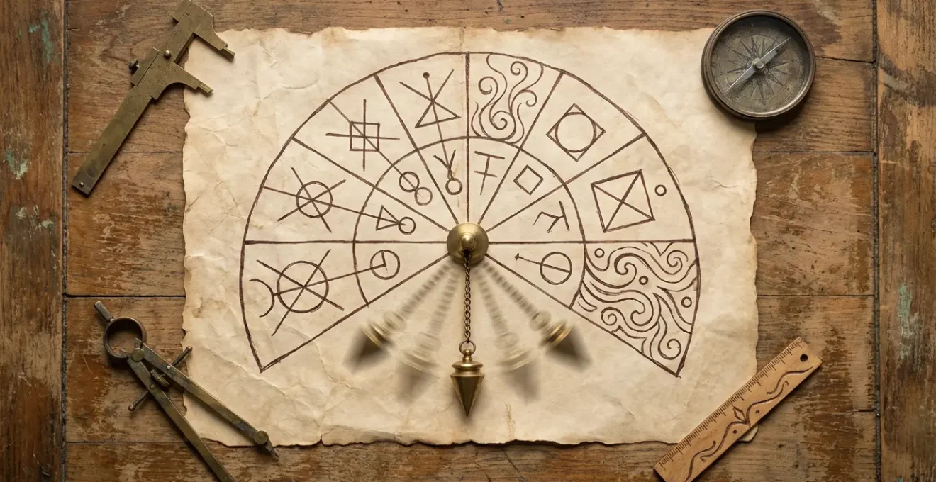 Quadrante semicircolare per radiestesia con pendolo sospeso al centro