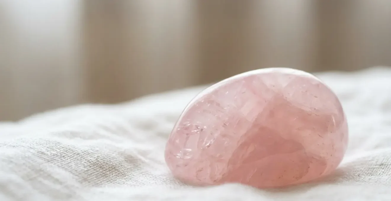 Cristallo di quarzo rosa lucido su tessuto morbido con luce soffusa che simboleggia la guarigione emotiva dopo una rottura sentimentale