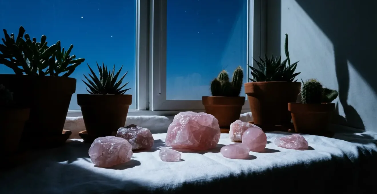 Quarzo rosa esposto alla luce della luna piena su davanzale con piante e candele spente