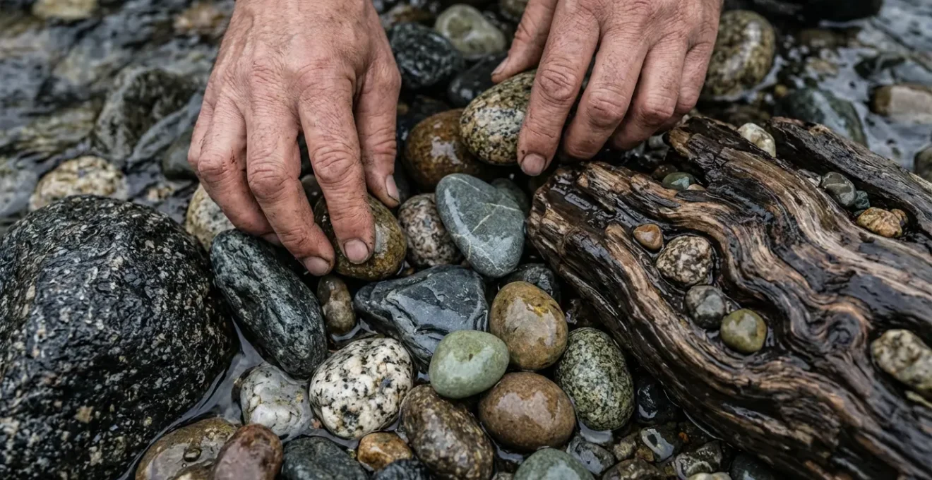 Mani che raccolgono sassi levigati dal fiume per creare rune personali