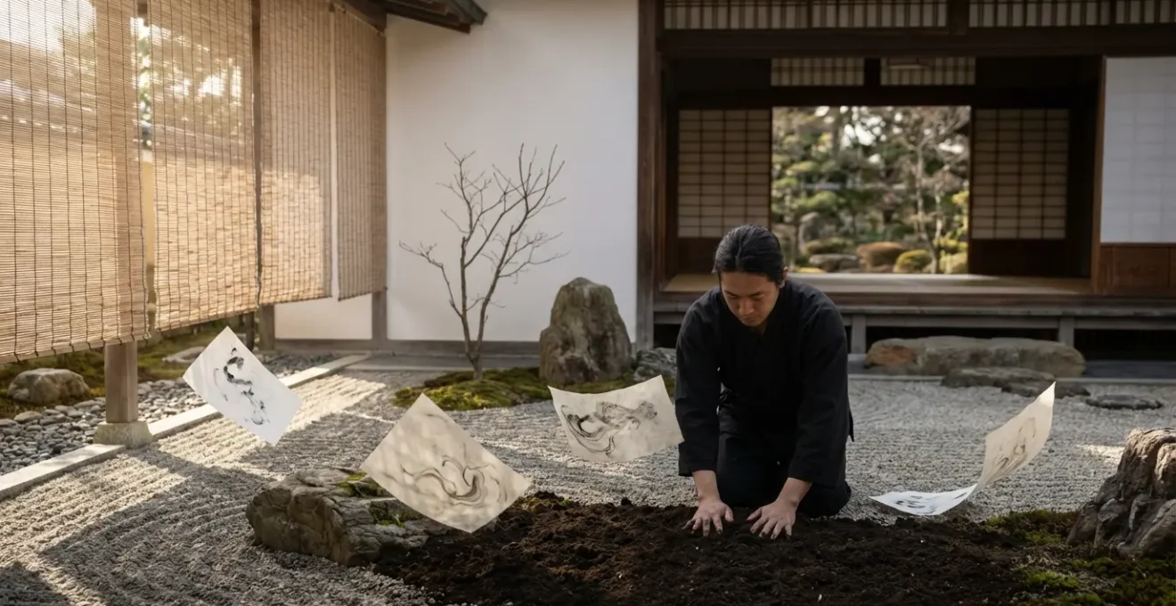 Artista che tocca la terra con le mani dopo una sessione di scrittura