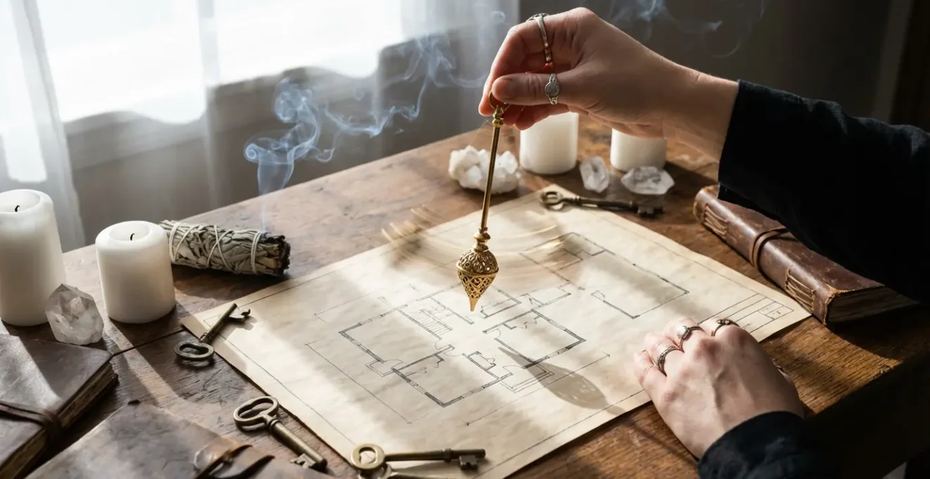 Mani che tengono un pendolo sopra una mappa disegnata della casa, ricerca radiestesica per oggetti smarriti