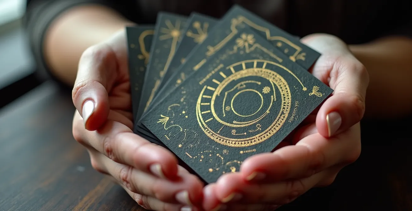 Mani che tengono carte astrologiche stilizzate con simboli zodiacali