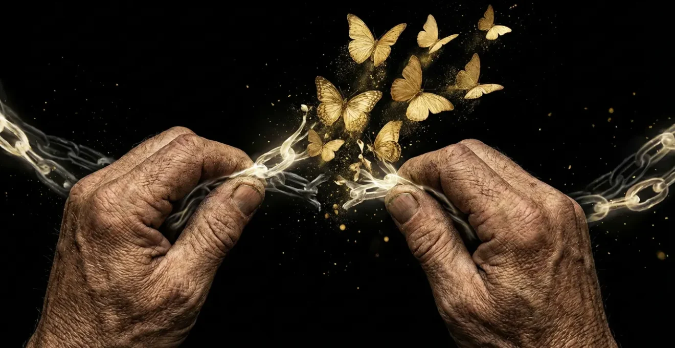 Mani che spezzano catene invisibili trasformate in farfalle dorate, simbolo della trasformazione del destino karmico.
