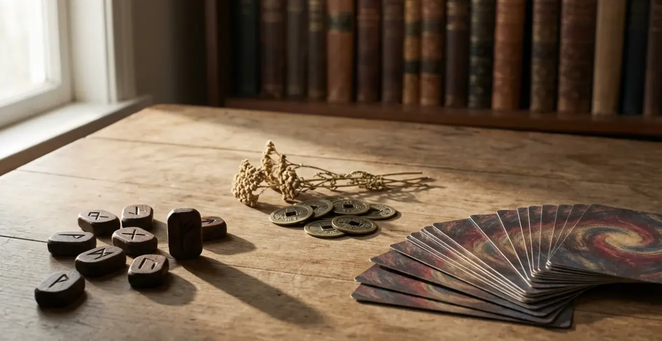 Composizione di strumenti divinatori con rune, carte e I-Ching per una mente logica
