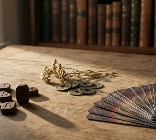 Composizione di strumenti divinatori con rune, carte e I-Ching per una mente logica