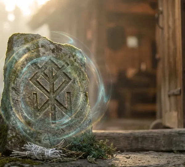 Antica bindrune incisa su pietra con simboli Algiz e Othala per la protezione della casa