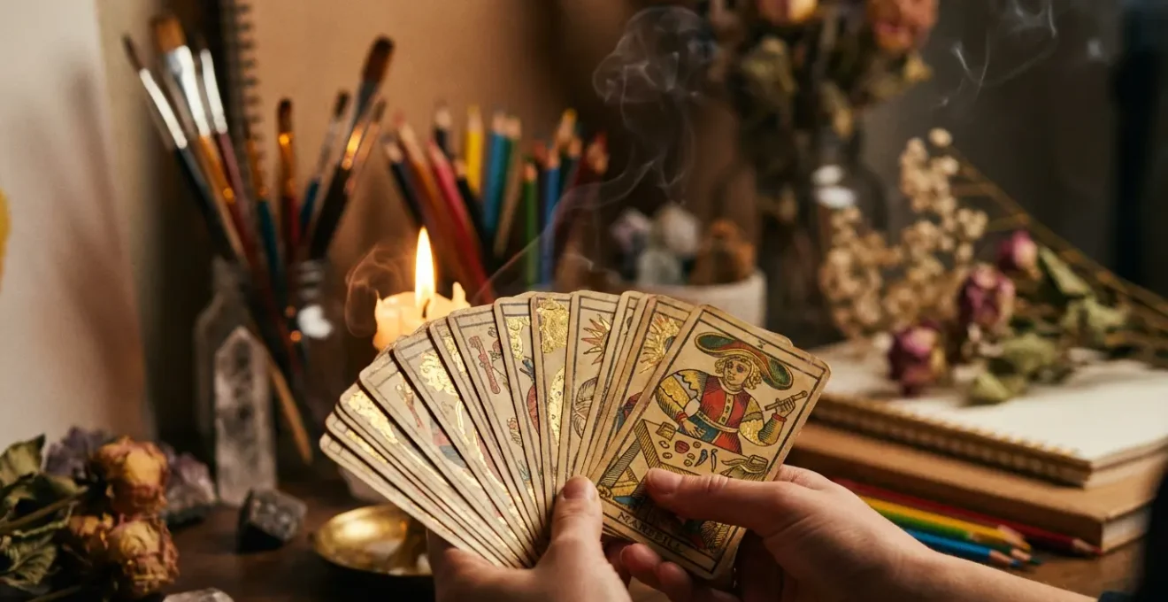 Mani che tengono carte dei tarocchi illuminate da candele con sfondo artistico sfocato