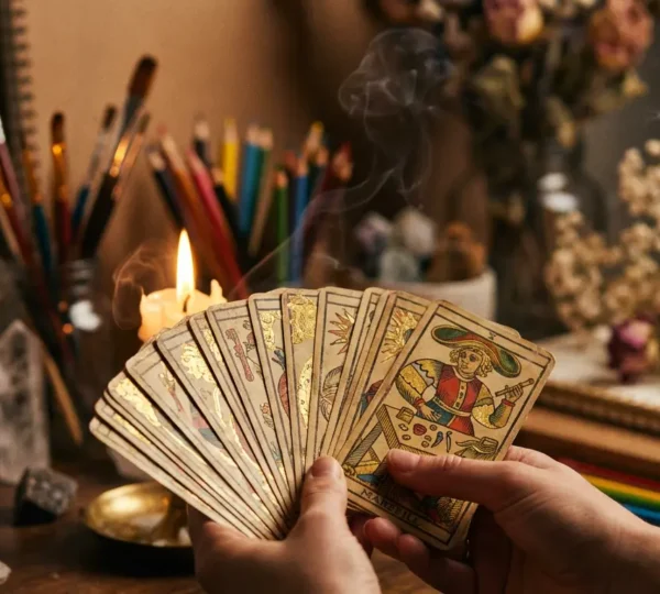 Mani che tengono carte dei tarocchi illuminate da candele con sfondo artistico sfocato