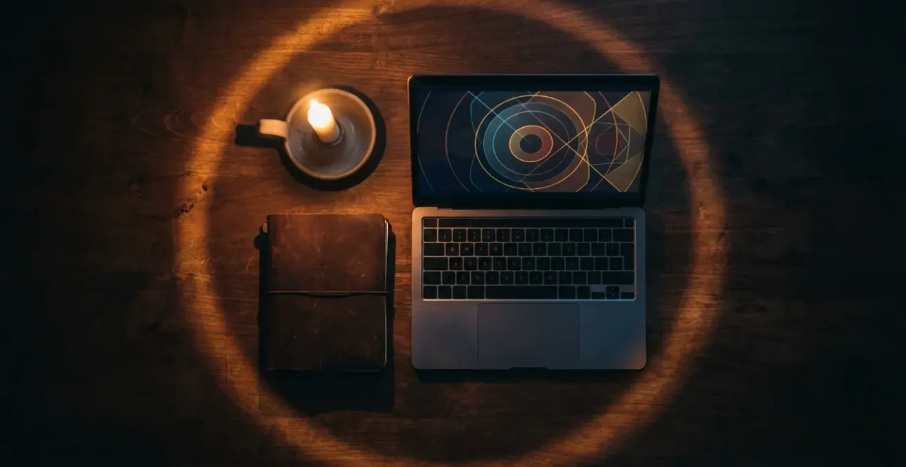 Vista dall'alto di scrivania con candela accesa e laptop con schermata di navigazione privata