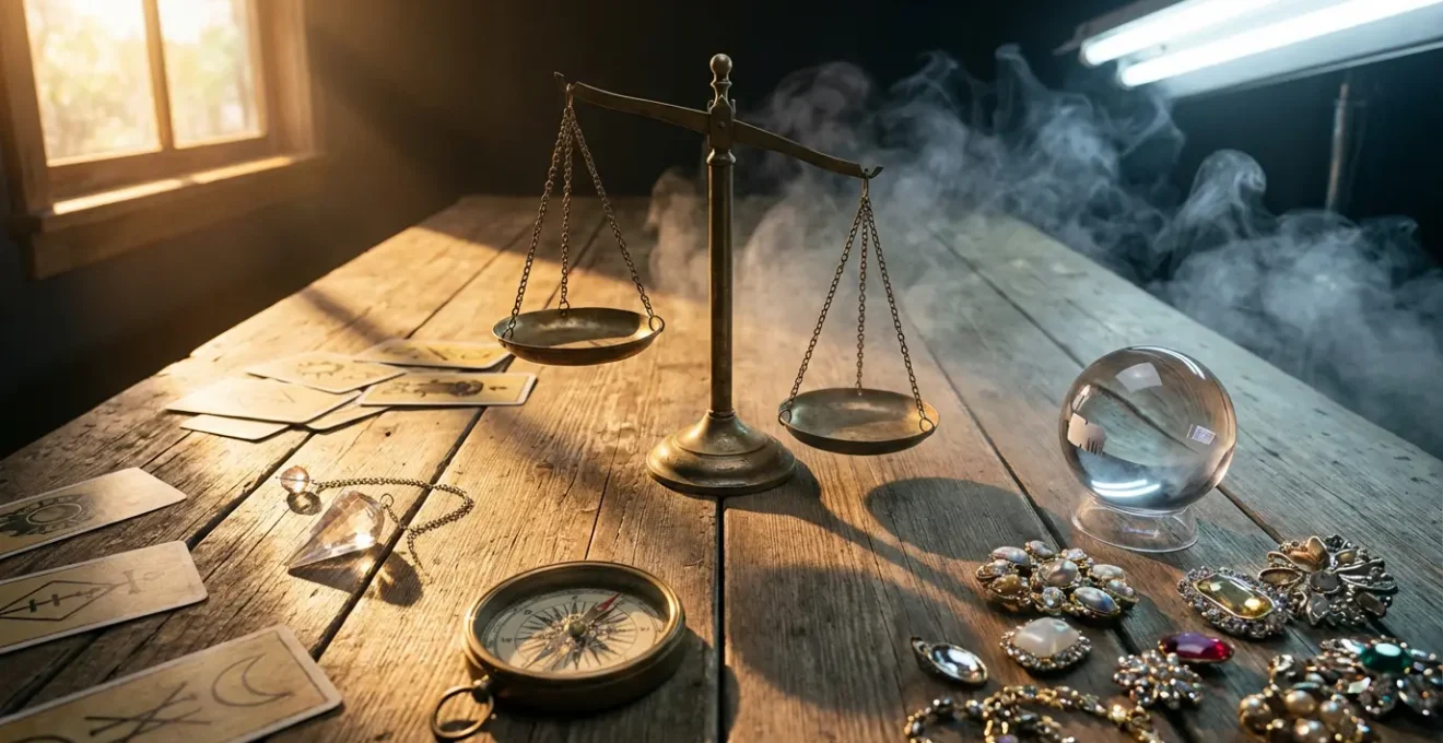 Confronto visivo tra un sensitivo autentico e un ciarlatano attraverso elementi simbolici e atmosfere contrastanti