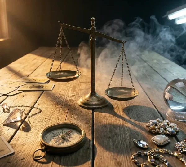 Confronto visivo tra un sensitivo autentico e un ciarlatano attraverso elementi simbolici e atmosfere contrastanti