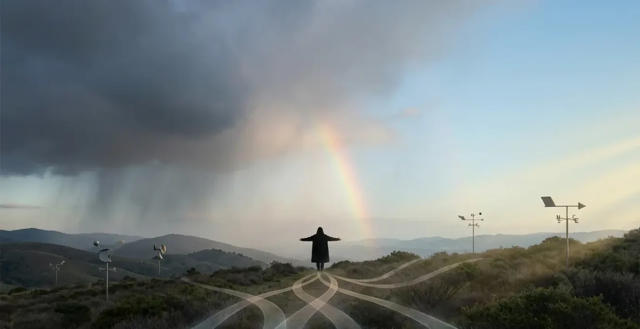 Rappresentazione metaforica di un sensitivo come meteorologo che analizza correnti energetiche