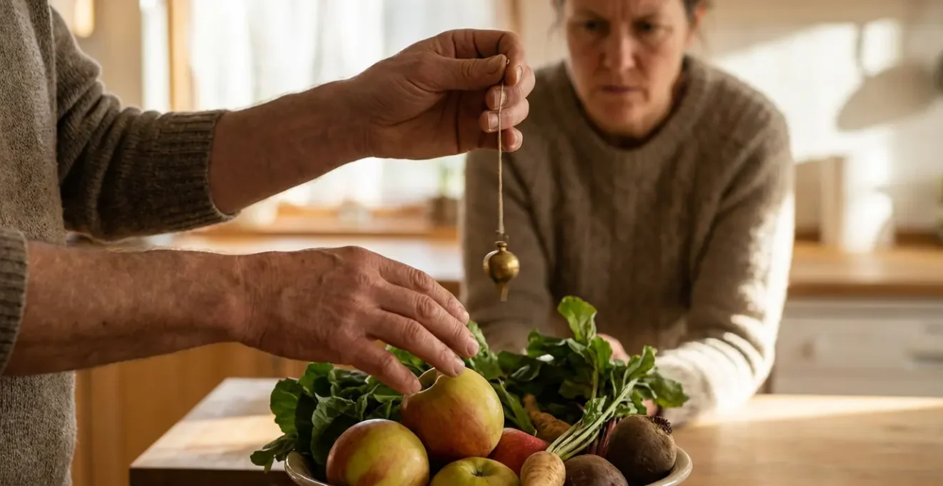 Persona che testa un alimento con il pendolo utilizzando la mano come antenna biologica