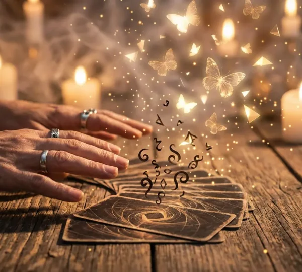 Persona che trasforma carte di tarocchi oscure in simboli luminosi