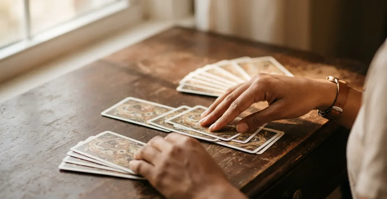 Metodo di lettura progressiva con tre tiraggi separati di tarocchi su una superficie di legno scuro.