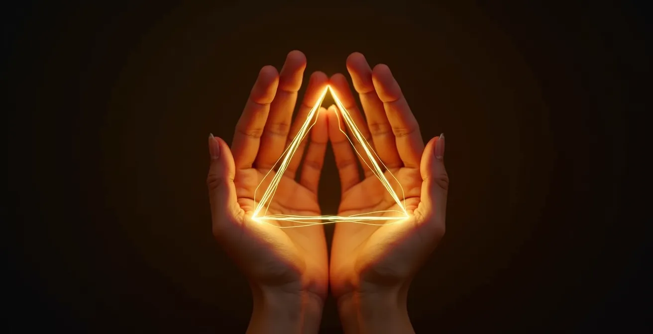 Mani intrecciate formano triangoli geometrici con fili dorati che creano pattern triangolari luminosi nello spazio