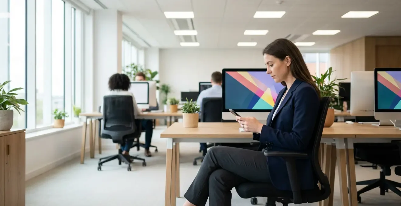 Donna in ufficio che consulta discretamente il telefono mentre i colleghi lavorano sullo sfondo