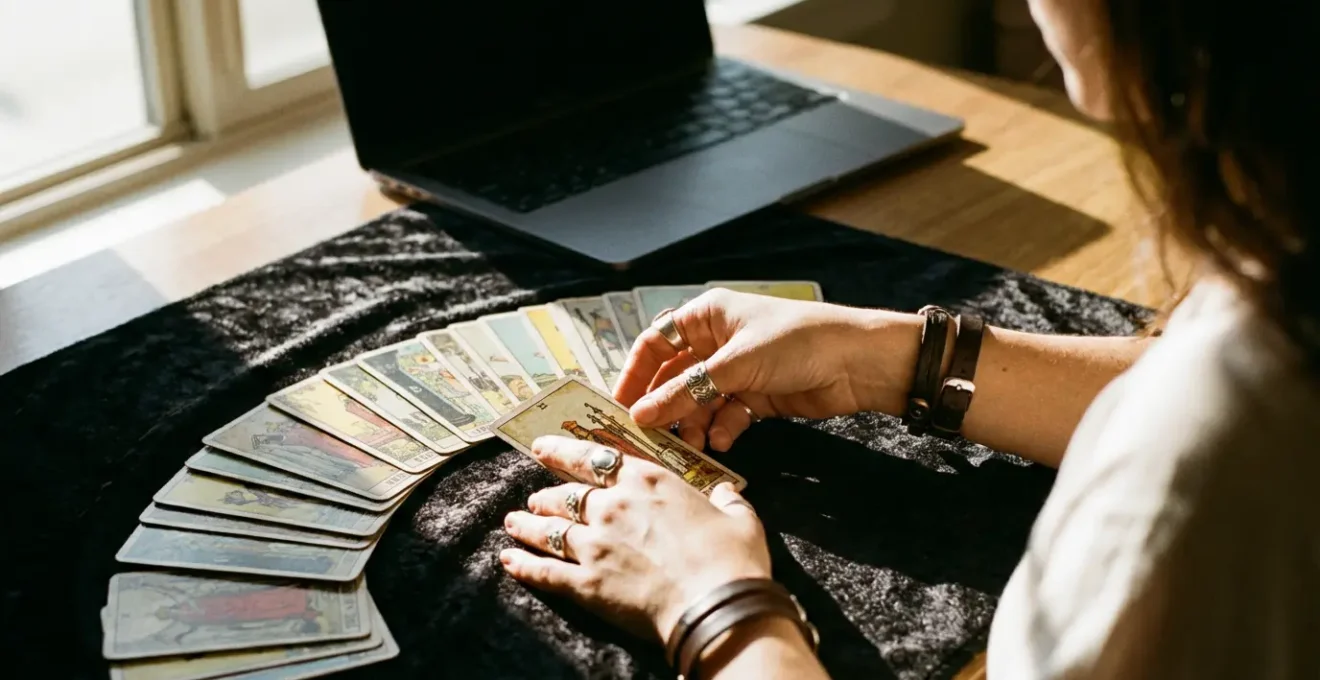 Cartomante professionale durante consulto video con carte visibili