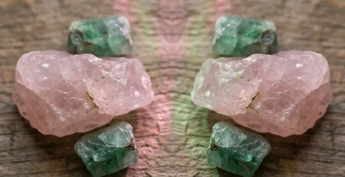 Cristalli di quarzo rosa e smeraldo disposti in cerchio per la meditazione del chakra del cuore
