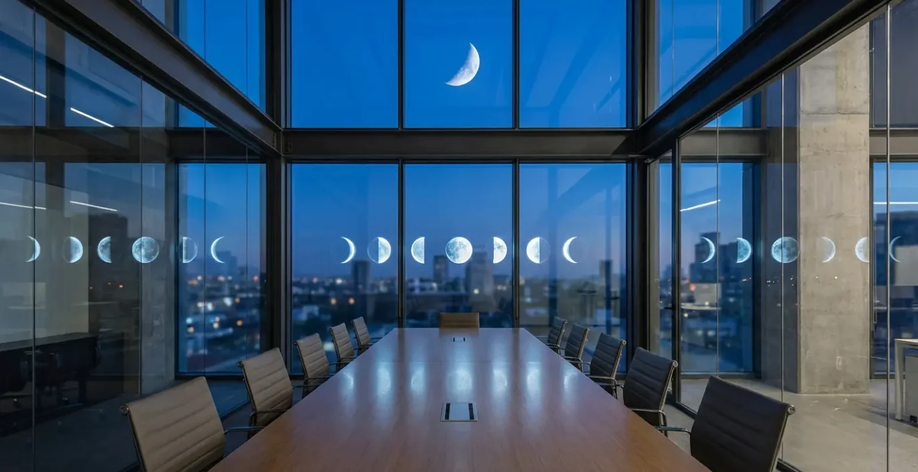 Calendario con fasi lunari e orari evidenziati per evitare riunioni importanti