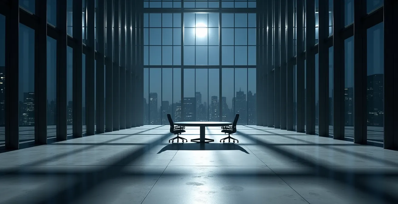 Ufficio minimalista durante le ore notturne con riflessi lunari