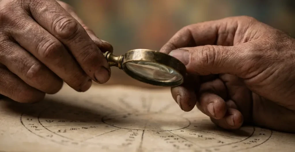 Dettaglio macro di mani che tengono una lente di ingrandimento sopra carta astrologica Dettaglio macro di mani che tengono una lente di ingrandimento sopra carta astrologica